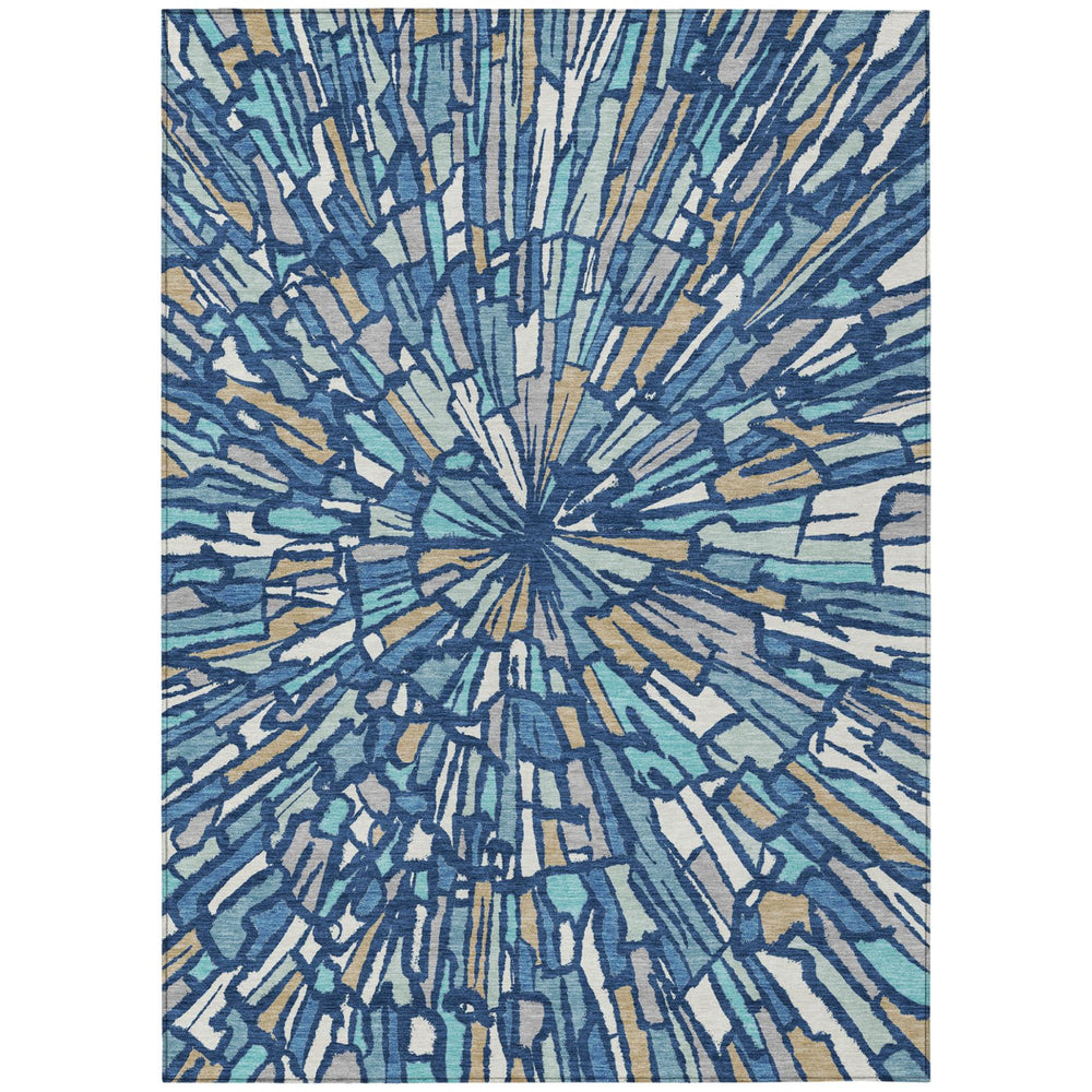 HomeRoots Abstract Washable Indoor Outdoor Area Rug Navy Teal Polyester with Felt Backing for Patio 10' x 14' 728455