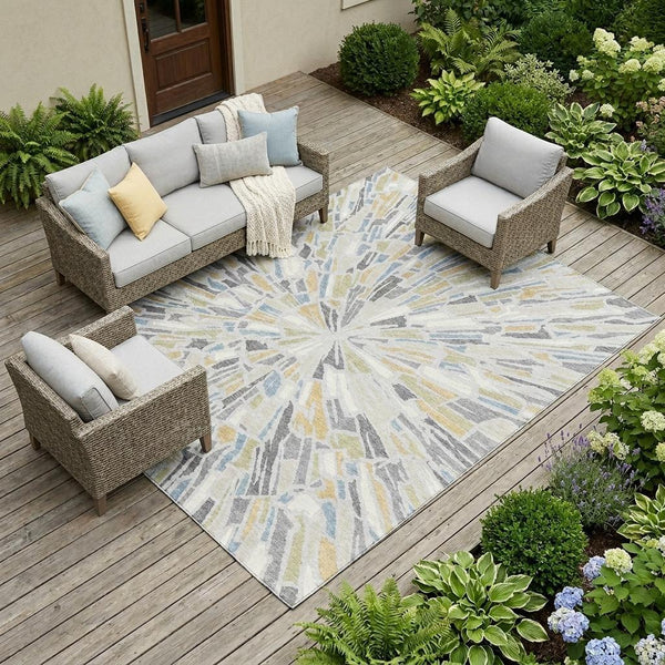 Abstract Washable Polyester Area Rug Silver Gray for Indoor Outdoor Living Spaces