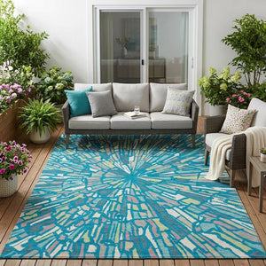 Abstract Teal Washable Polyester Area Rug for Indoor Outdoor Patios and Living Spaces