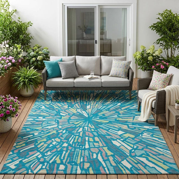 Abstract Teal Washable Polyester Area Rug for Indoor Outdoor Patios and Living Spaces