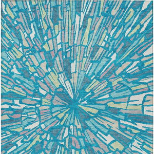 Abstract Teal Washable Polyester Area Rug for Indoor Outdoor Patios and Living Spaces