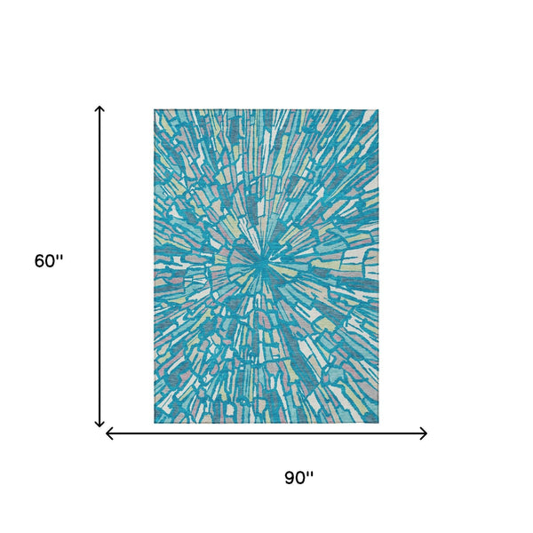 Abstract Teal Washable Polyester Area Rug for Indoor Outdoor Patios and Living Spaces