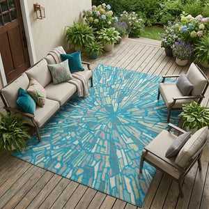Abstract Teal Washable Polyester Area Rug for Indoor Outdoor Patios and Living Spaces