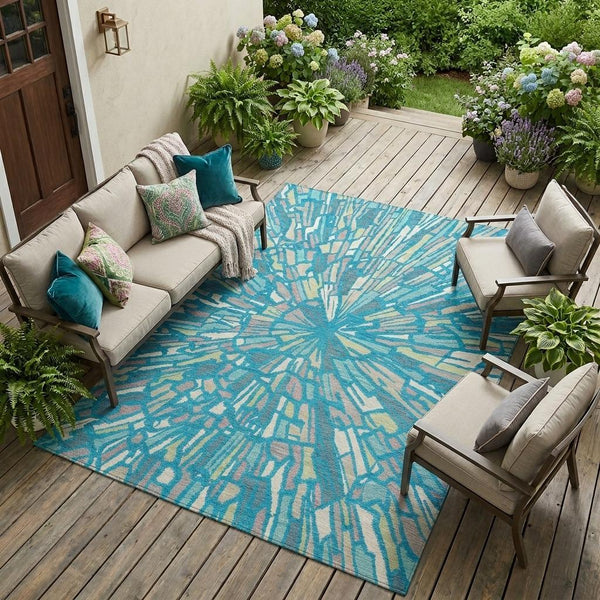 Abstract Teal Washable Polyester Area Rug for Indoor Outdoor Patios and Living Spaces