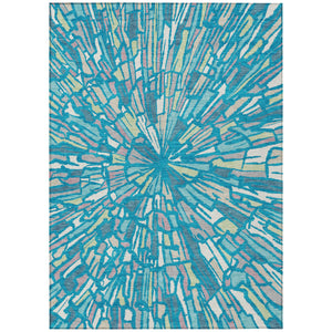 Abstract Teal Washable Polyester Area Rug for Indoor Outdoor Patios and Living Spaces