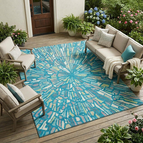Abstract Teal Washable Polyester Area Rug for Indoor Outdoor Patios and Living Spaces