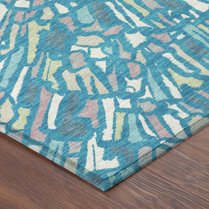Abstract Teal Washable Polyester Area Rug for Indoor Outdoor Patios and Living Spaces