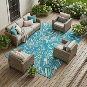 Abstract Teal Washable Polyester Area Rug for Indoor Outdoor Patios and Living Spaces