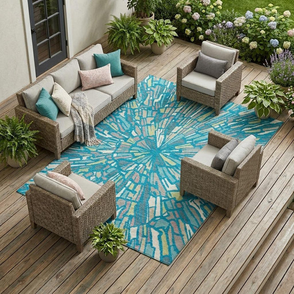 Abstract Teal Washable Polyester Area Rug for Indoor Outdoor Patios and Living Spaces