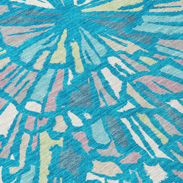 Abstract Teal Washable Polyester Area Rug for Indoor Outdoor Patios and Living Spaces