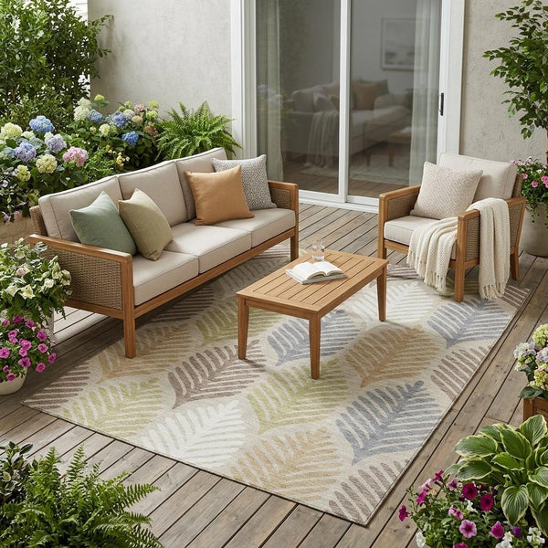 5 X 8 Floral Polyester Area Rug Washable Indoor Outdoor Use Beige Ivory