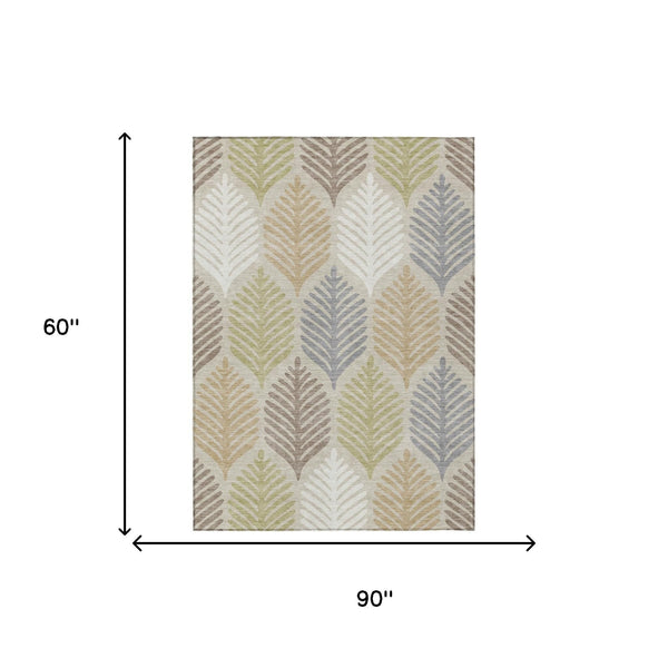 5 X 8 Floral Polyester Area Rug Washable Indoor Outdoor Use Beige Ivory