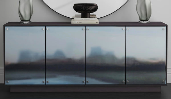 Basset Mirror Perspective Server: Sophisticated Hardwood Design With Glass Doors & Adjustable Shelves For Modern Spaces Blue Wood,Mdf,Glass,Birch Veneer 7285-dr-576