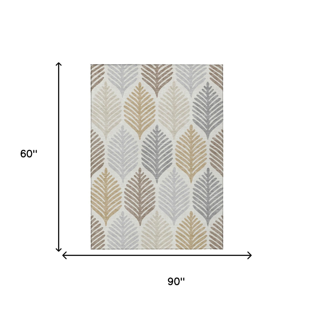 5 X 8 Ivory Beige Floral Polyester Washable Rug for Indoor Outdoor Patios