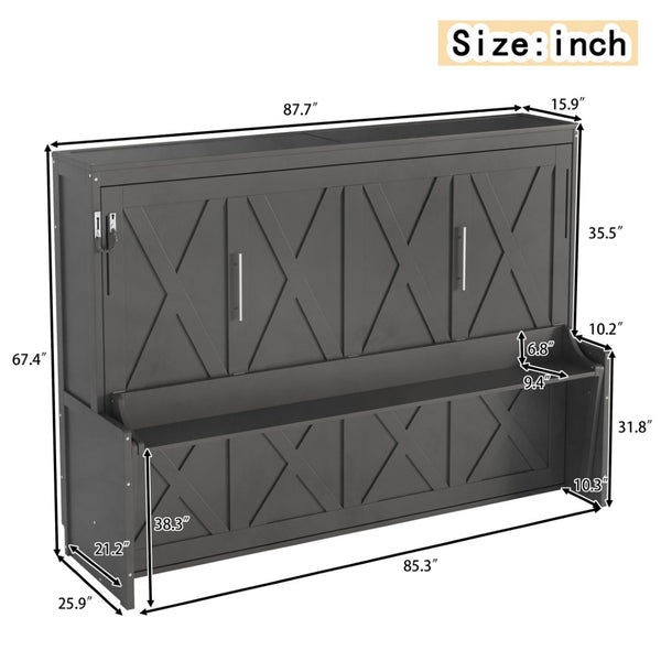 English Elm Queen Murphy Bed with Fold Down Desk Led Lighting and Usb Port for Home Office Dark Gray W1580S00457