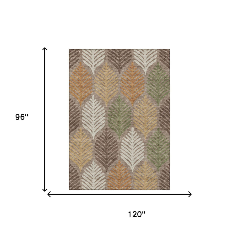 8x10 Floral Indoor Outdoor Area Rug Washable Polyester Taupe Beige Neutral Decor