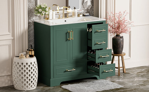 English Elm 36" Traditional Bathroom Vanity with Ceramic Sink, Solid Wood Cabinet, Soft-Close Doors & Drawers Green N729P251630F