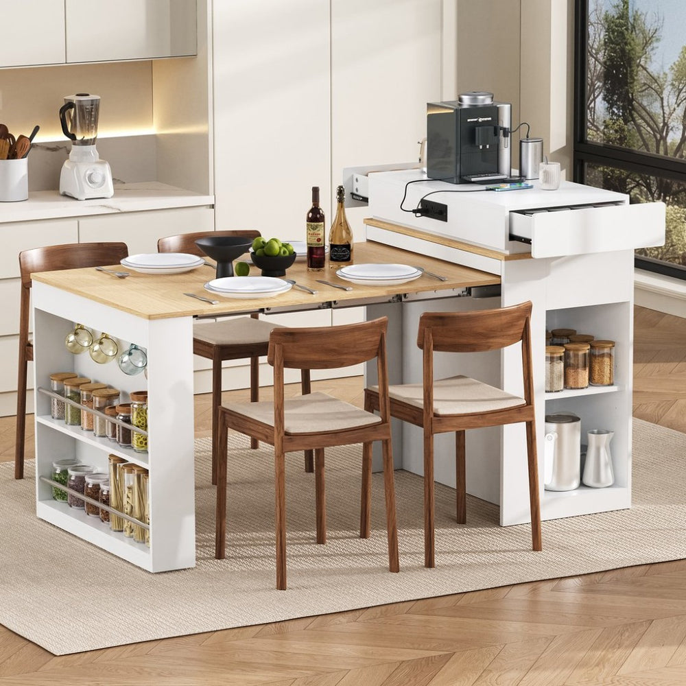 English Elm [video] Trexm Folding Bar Height Kitchen Island with Storage Drawers and Built-in Power Outlet XW000028AAK