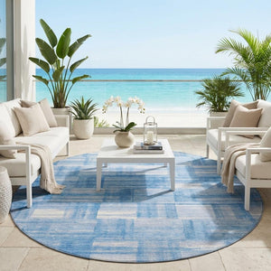 8 Ft Round Striped Polyester Rug Washable Indoor Outdoor Patio Deck Blue Ivory