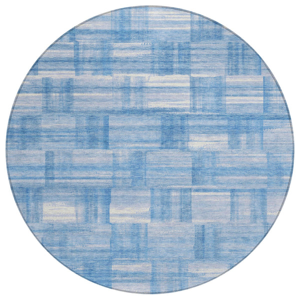 HomeRoots 8 Ft Round Striped Polyester Rug Washable Indoor Outdoor Patio Deck Blue Ivory 728590