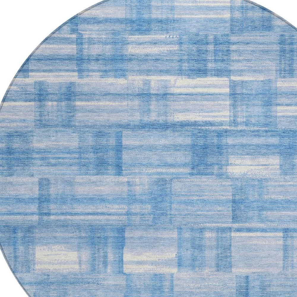 HomeRoots 8 Ft Round Striped Polyester Rug Washable Indoor Outdoor Patio Deck Blue Ivory 728590