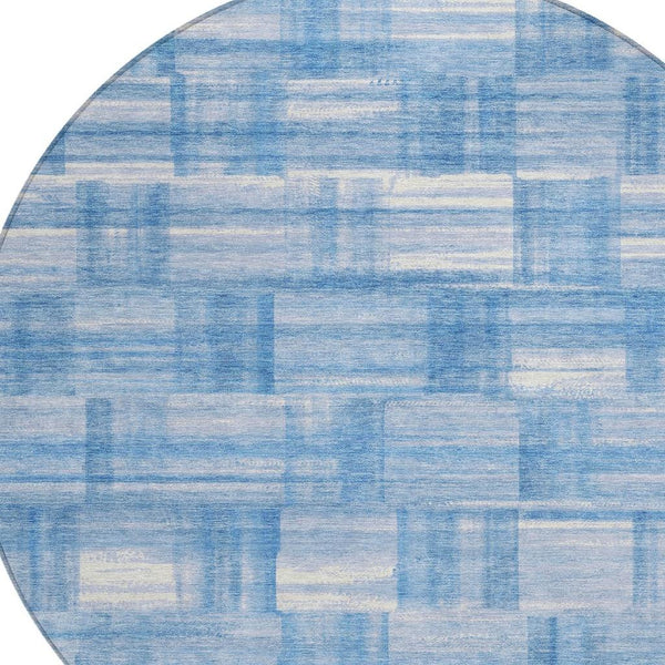 8 Ft Round Striped Polyester Rug Washable Indoor Outdoor Patio Deck Blue Ivory