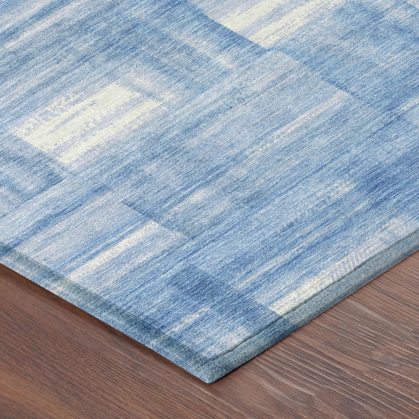 8 Ft Round Striped Polyester Rug Washable Indoor Outdoor Patio Deck Blue Ivory