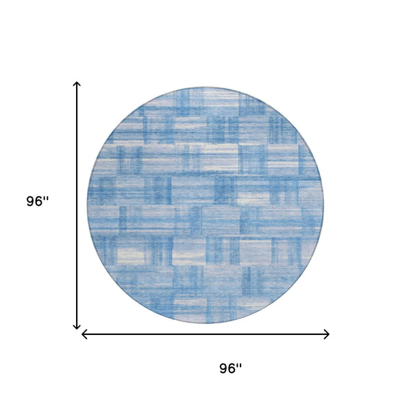 8 Ft Round Striped Polyester Rug Washable Indoor Outdoor Patio Deck Blue Ivory