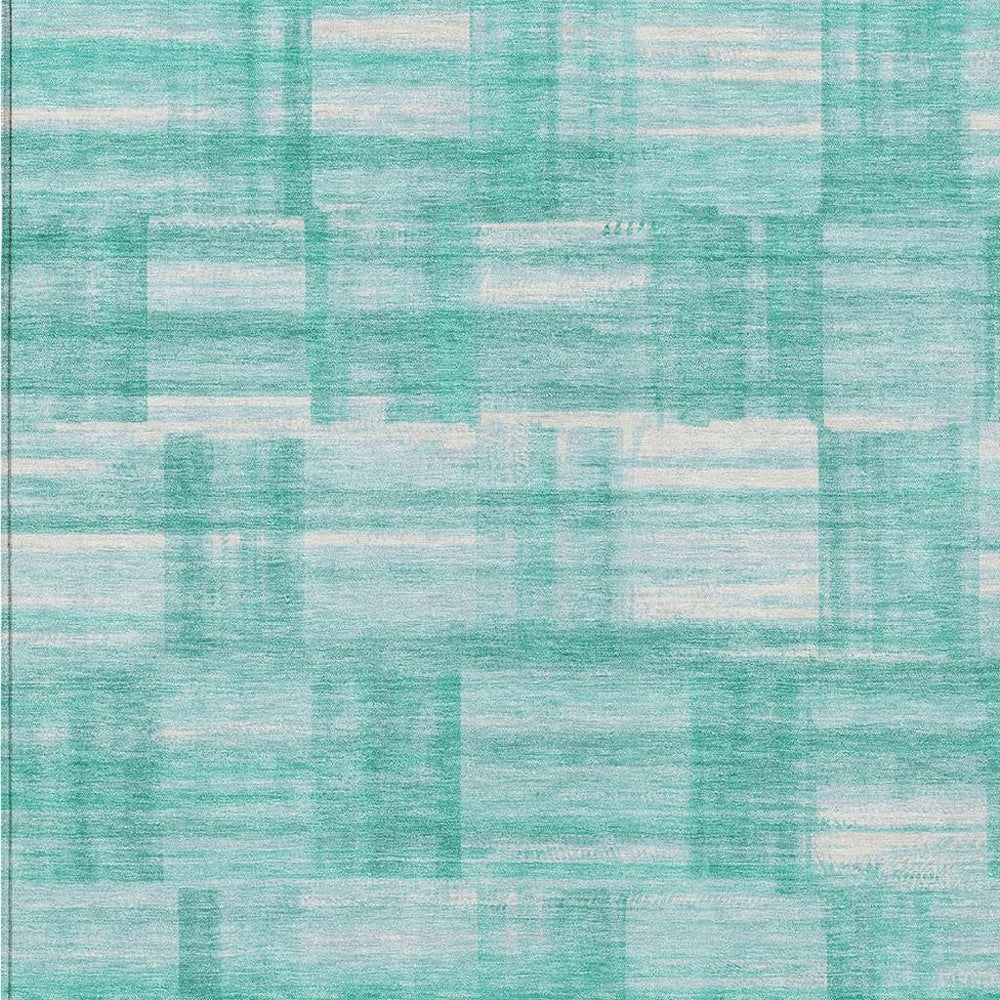 HomeRoots 10 Ft X 14 Ft Striped Teal Aqua Washable Polyester Rug for Patio or Living Room 728605