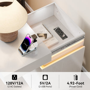 English Elm Nightstand with Rgb Led Lighting and Charging Hub Three Drawer Sleek Modern Bedside Ameican White Oak W5221P422262