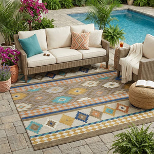 Southwestern Geometric Washable Polyester Area Rug for Indoor Outdoor Earthy Boho Patio Decor