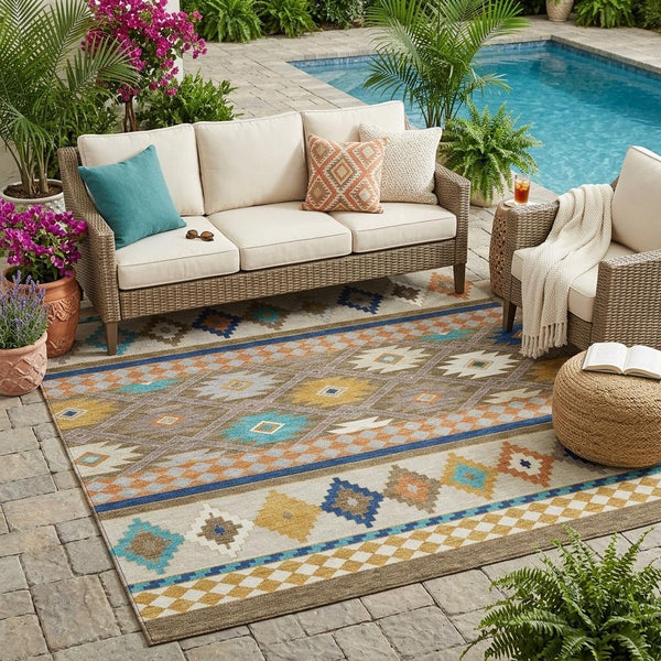 Southwestern Geometric Washable Polyester Area Rug for Indoor Outdoor Earthy Boho Patio Decor