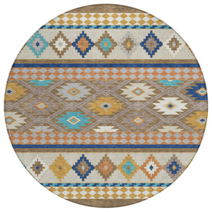 HomeRoots 8 Foot Round Southwestern Geometric Polyester Area Rug for Patios and High Traffic Rooms 728680