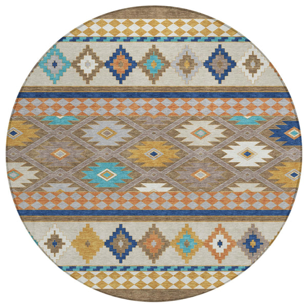 HomeRoots 8 Foot Round Southwestern Geometric Polyester Area Rug for Patios and High Traffic Rooms 728680