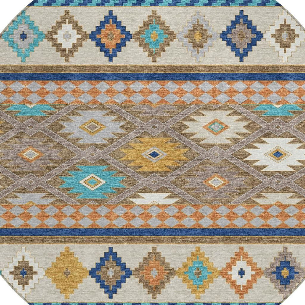 HomeRoots 8 Foot Round Southwestern Geometric Polyester Area Rug for Patios and High Traffic Rooms 728680