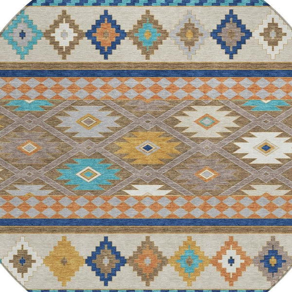 8 Foot Round Southwestern Geometric Polyester Area Rug for Patios and High Traffic Rooms