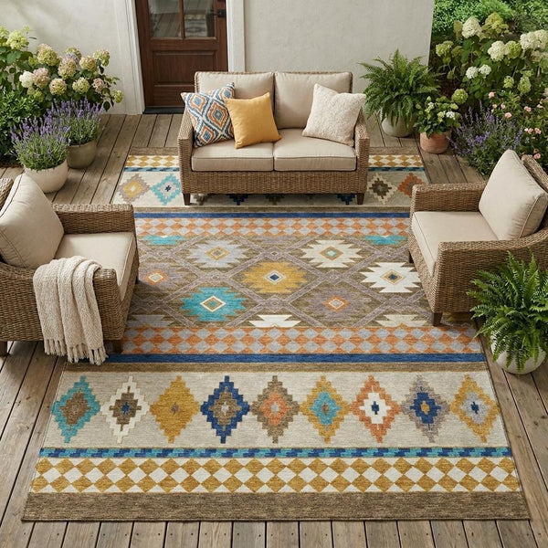 Southwestern Geometric Washable Polyester Area Rug for Indoor Outdoor Earthy Boho Patio Decor