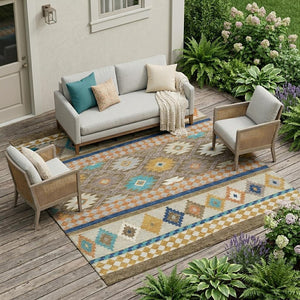 Southwestern Geometric Washable Polyester Area Rug for Indoor Outdoor Earthy Boho Patio Decor