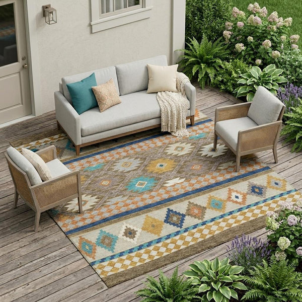Southwestern Geometric Washable Polyester Area Rug for Indoor Outdoor Earthy Boho Patio Decor