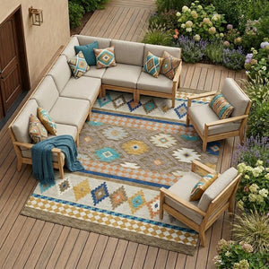 Southwestern Geometric Washable Polyester Area Rug for Indoor Outdoor Earthy Boho Patio Decor