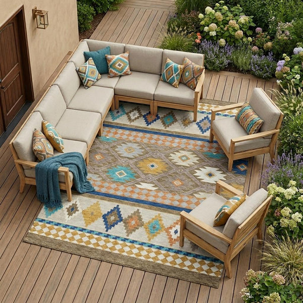 Southwestern Geometric Washable Polyester Area Rug for Indoor Outdoor Earthy Boho Patio Decor