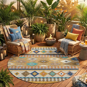 8 Foot Round Southwestern Geometric Polyester Area Rug Washable Indoor Outdoor