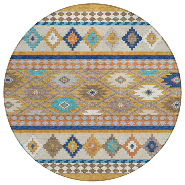 HomeRoots 8 Foot Round Southwestern Geometric Polyester Area Rug Washable Indoor Outdoor 728692