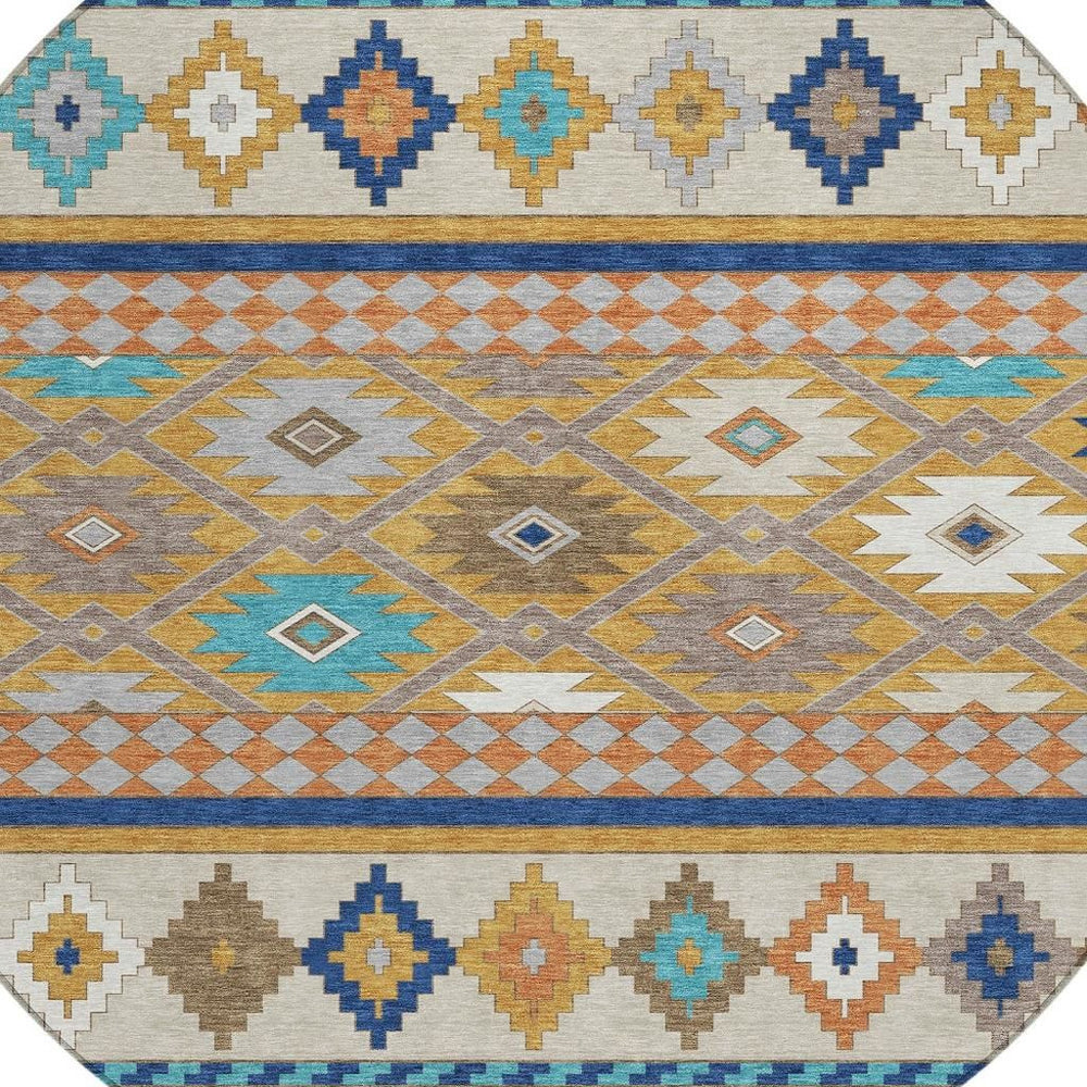 HomeRoots 8 Foot Round Southwestern Geometric Polyester Area Rug Washable Indoor Outdoor 728692