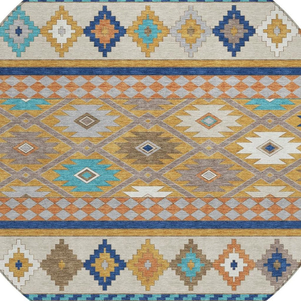 8 Foot Round Southwestern Geometric Polyester Area Rug Washable Indoor Outdoor