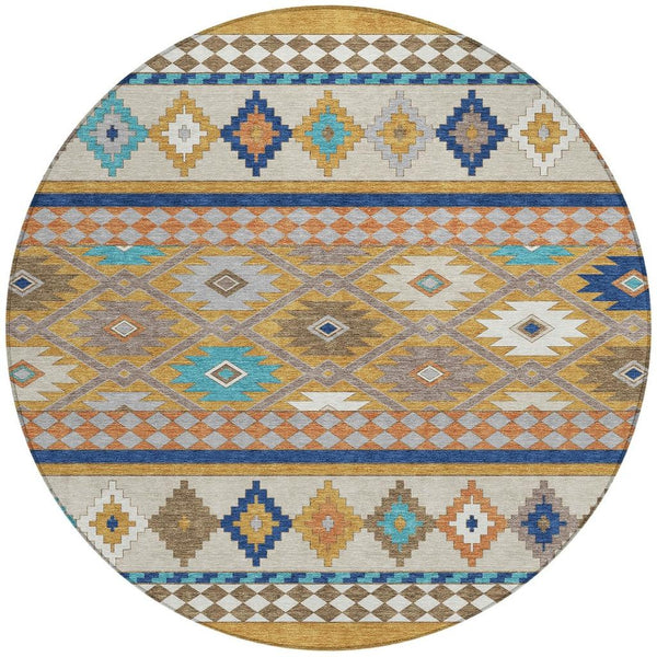 8 Foot Round Southwestern Geometric Polyester Area Rug Washable Indoor Outdoor