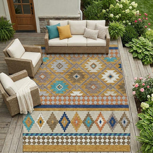 Southwestern Washable Polyester Area Rug for Indoor Outdoor Patios Entryways and Living Rooms