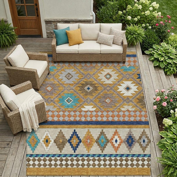 Southwestern Washable Polyester Area Rug for Indoor Outdoor Patios Entryways and Living Rooms