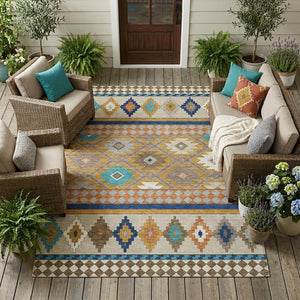 Southwestern Washable Polyester Area Rug for Indoor Outdoor Patios Entryways and Living Rooms