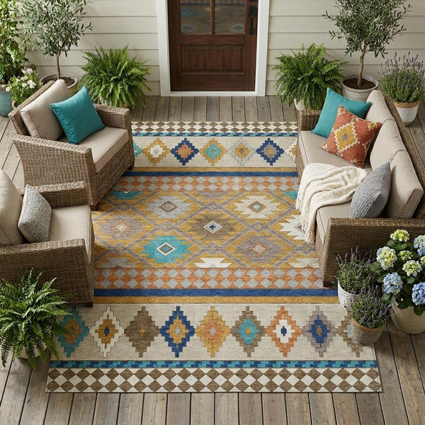 Southwestern Washable Polyester Area Rug for Indoor Outdoor Patios Entryways and Living Rooms
